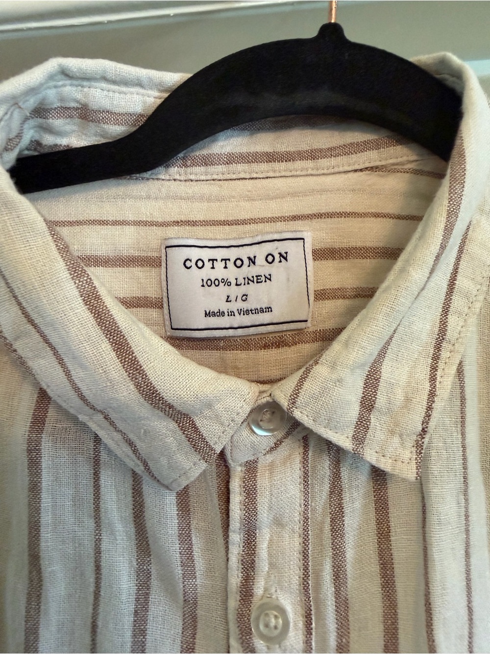 COTTON ON Men’s Large 100% Linen Cream & Brown Short-Sleeved Button-Down Shirt